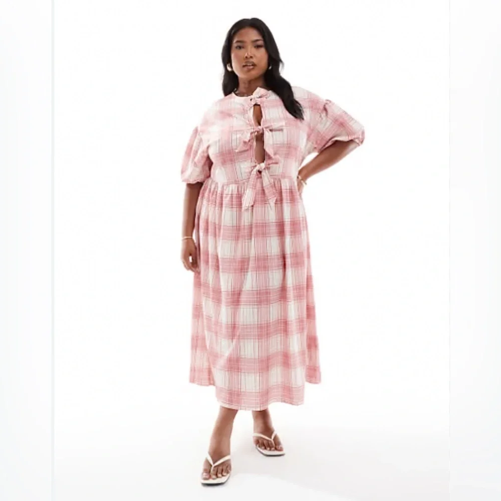 ASOS DESIGN Pink  Plaid Curve Puff Sleeve Tie Front Maxi Dress Size 14 - Picture 3 of 11
